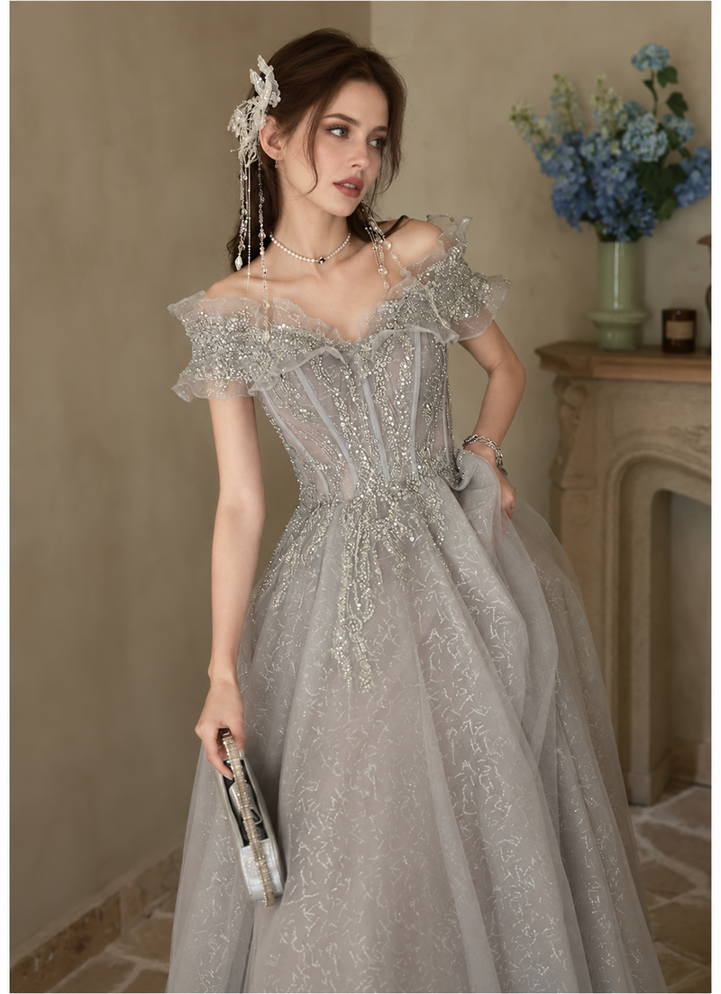 Grey Off-Shoulder Embellished Tulle Maxi Dress - Light Grey