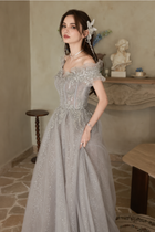 Grey Off-Shoulder Embellished Tulle Maxi Dress - Light Grey