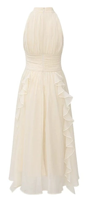 Ivory Halter Tiered-Ruffle Midi Dress - garment detail