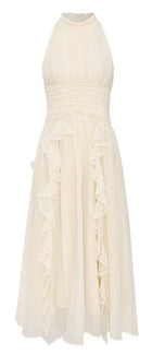 Ivory Halter Tiered-Ruffle Midi Dress - garment detail