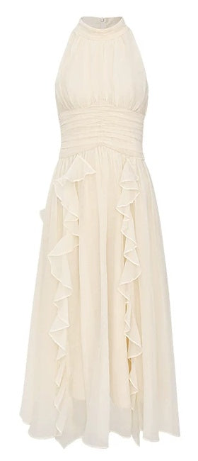 Ivory Halter Tiered-Ruffle Midi Dress - garment detail