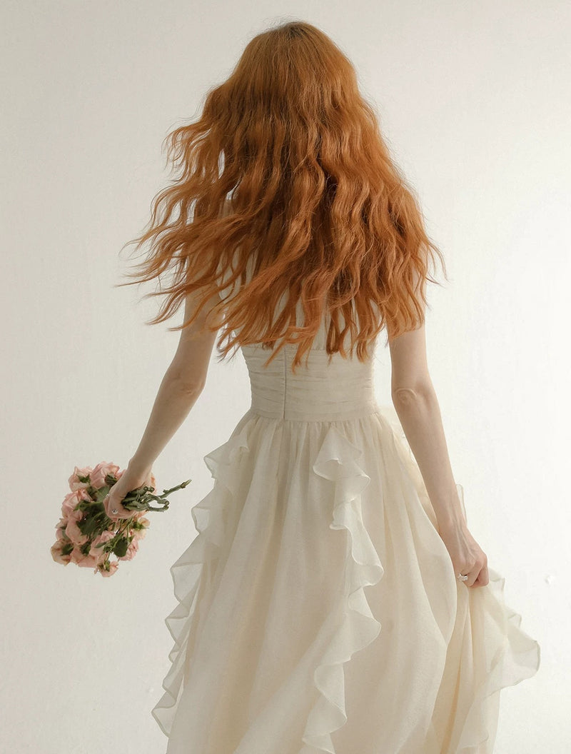 Ivory Halter Tiered-Ruffle Midi Dress - garment detail