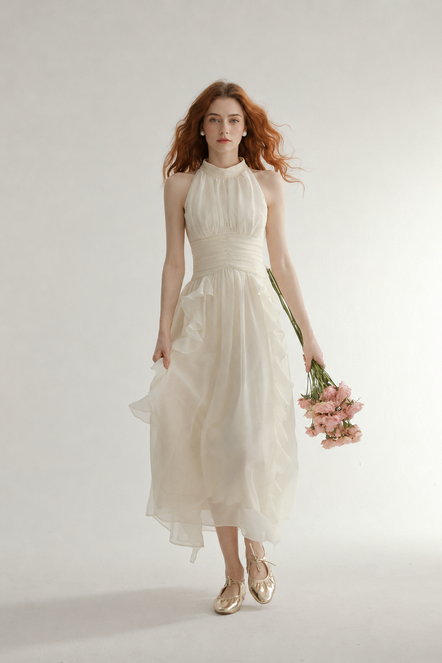 Ivory Halter Tiered-Ruffle Midi Dress