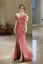 Dusty Rose Off-Shoulder Slit Mermaid Maxi Dress - Dusty Rose