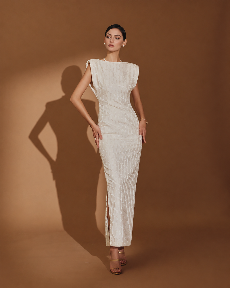 Ivory Sleeveless Textured Column Midi Dress - Ivory