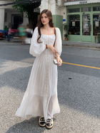 White Square-Neck Puff-Sleeve Long Dress, white, front view