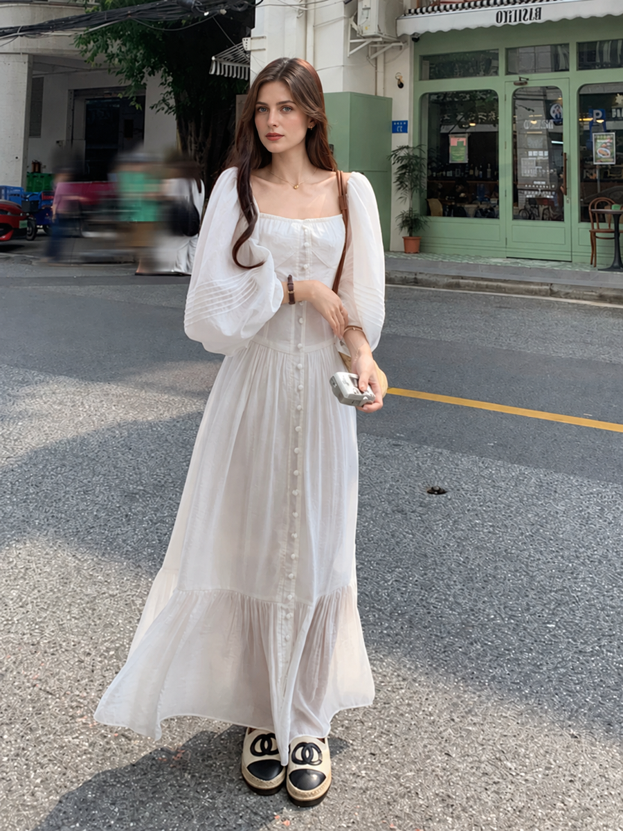 White Square-Neck Puff-Sleeve Long Dress