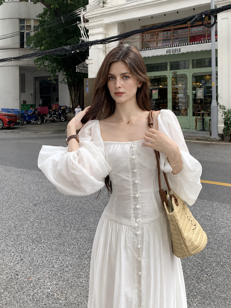 White Square-Neck Puff-Sleeve Long Dress, white, additional view