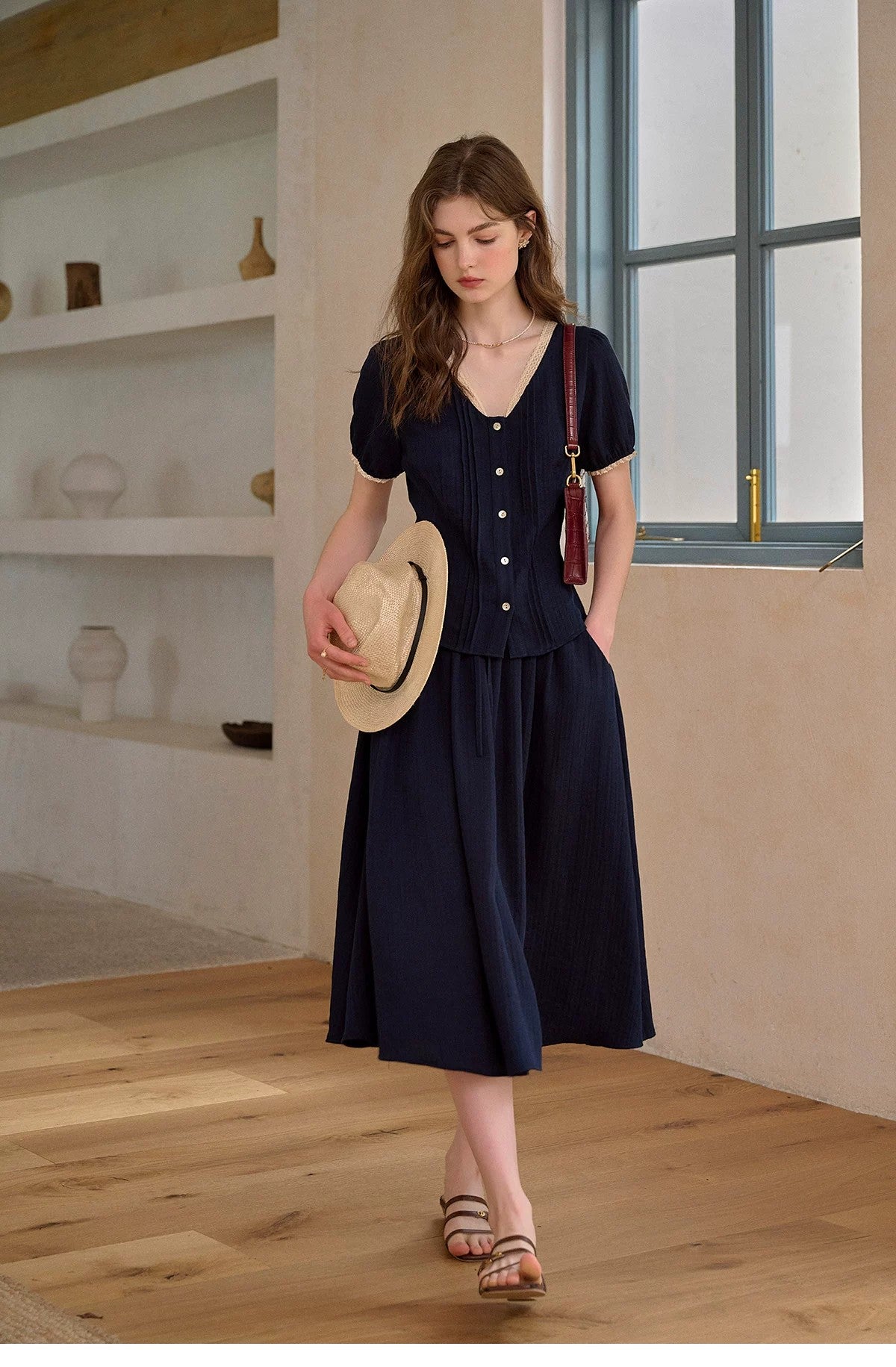 Vintage Commute Women French Elegant V Neck Linen Two Piece Set Matching Cropped Top and Skirt Retro Temperament Outfit Daily Casual Linen Matching Set