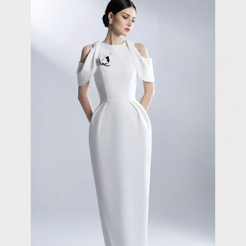 White Cold-Shoulder Bow-Detail Maxi Dress - White