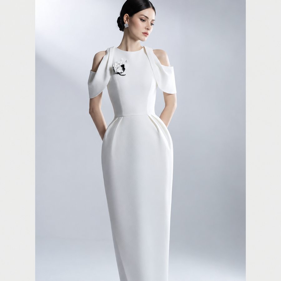White Cold-Shoulder Bow-Detail Maxi Dress