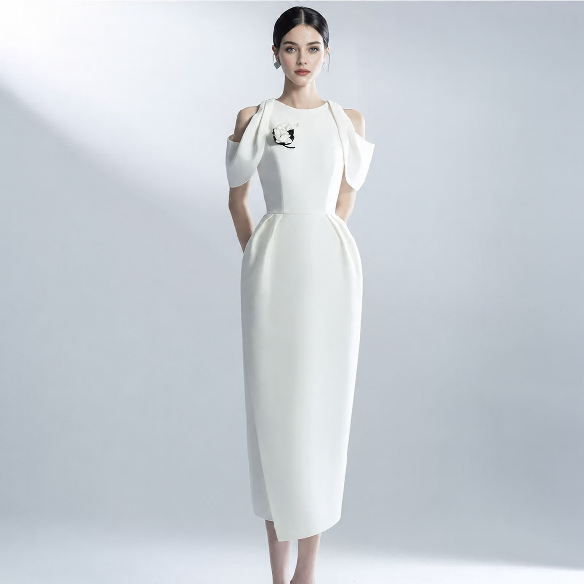 White Cold-Shoulder Bow-Detail Maxi Dress - White