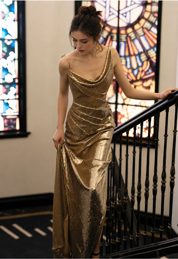 Gold Cowl-Neck Sequin Mermaid Evening Gown - Gold