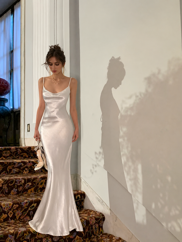 Ivory Cowl-Neck Satin Open-Back Evening Dress in ivory, front view