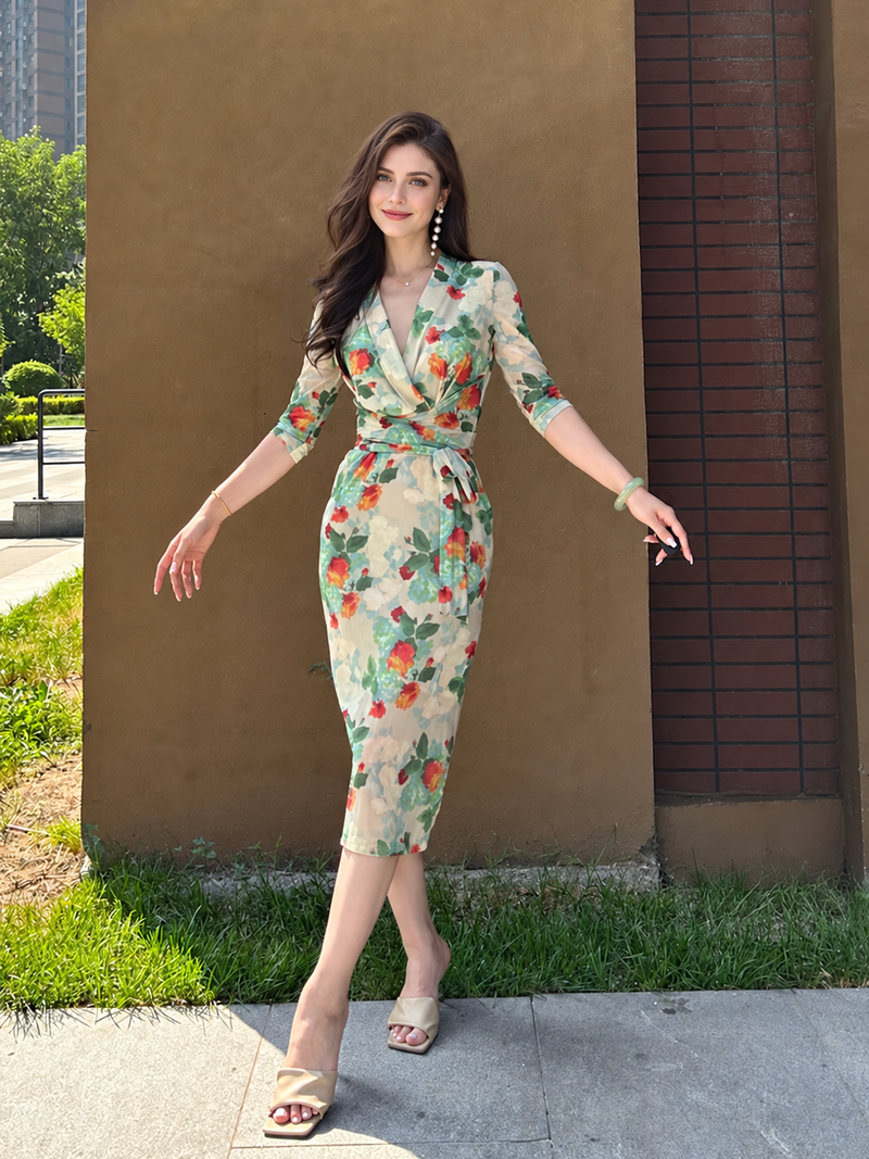 Green Floral Wrap Midi Dress - Floral