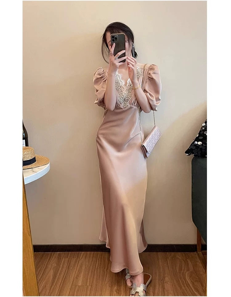 Beaded V-Neck Puff-Sleeve Satin Maxi Dress - front view