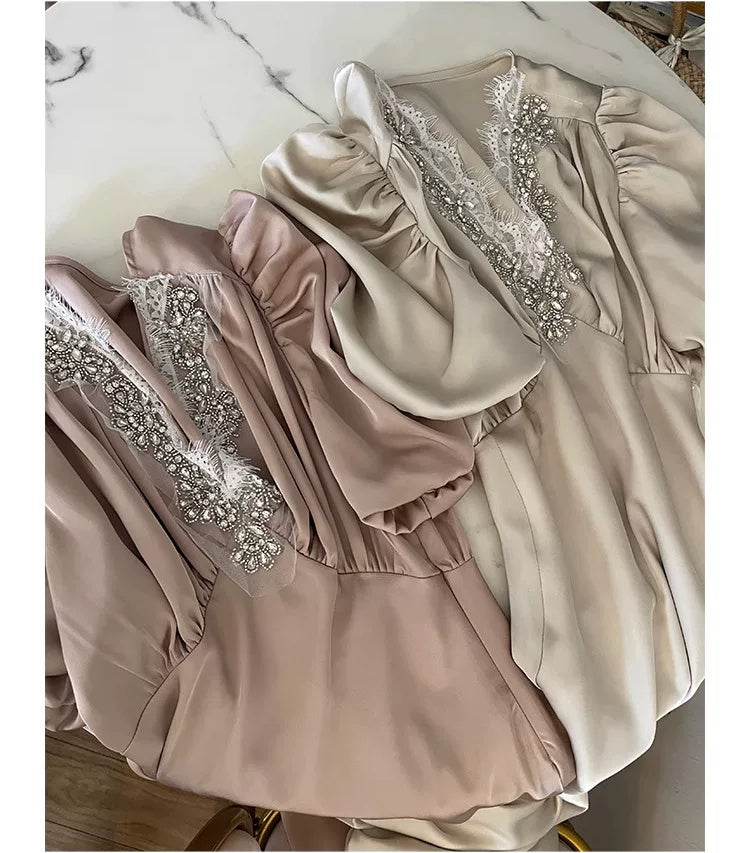 Beaded V-Neck Puff-Sleeve Satin Maxi Dress - garment detail
