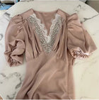 Beaded V-Neck Puff-Sleeve Satin Maxi Dress - garment detail