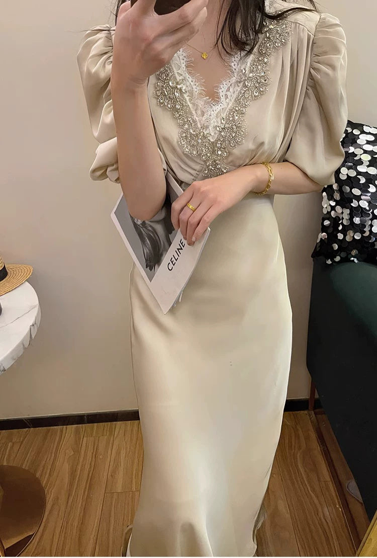 Beaded V-Neck Puff-Sleeve Satin Maxi Dress - garment detail