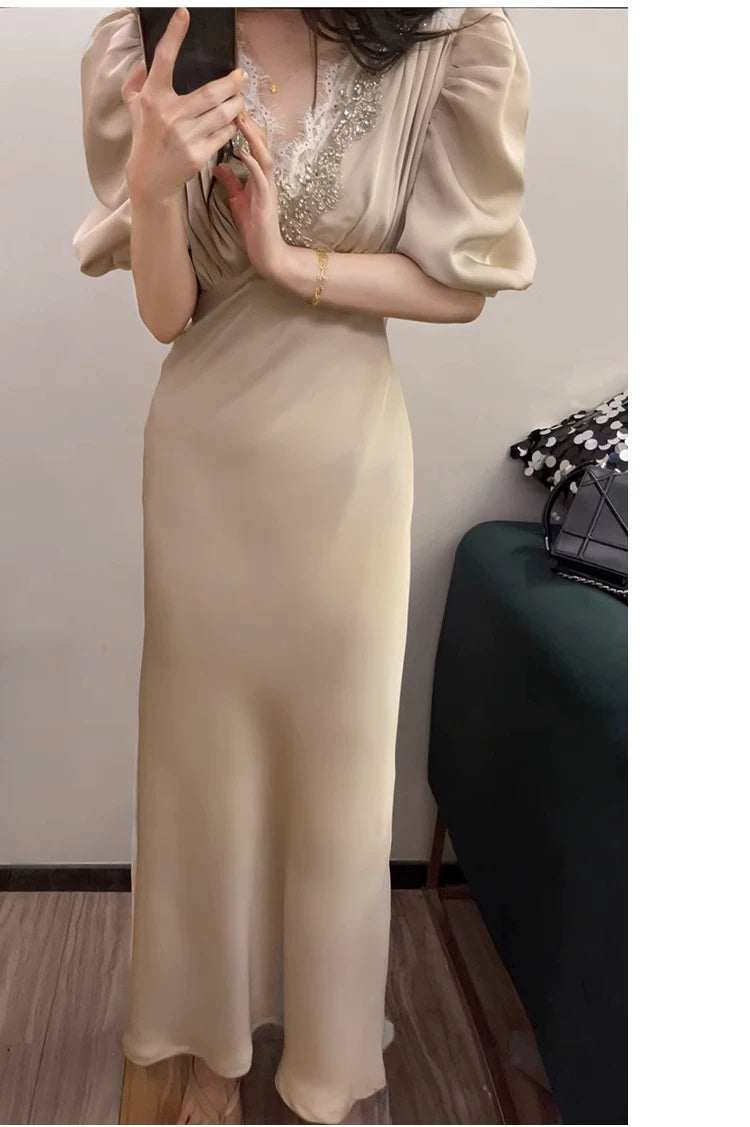 Beaded V-Neck Puff-Sleeve Satin Maxi Dress - garment detail