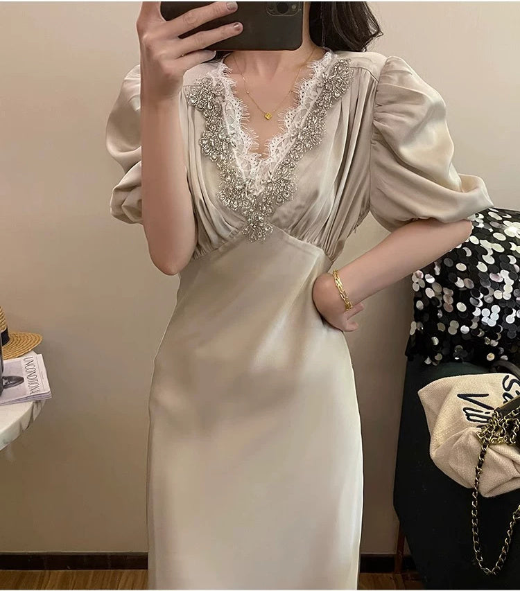 Beaded V-Neck Puff-Sleeve Satin Maxi Dress - garment detail