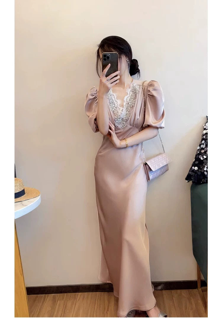 Beaded V-Neck Puff-Sleeve Satin Maxi Dress - garment detail