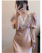Beaded V-Neck Puff-Sleeve Satin Maxi Dress - garment detail