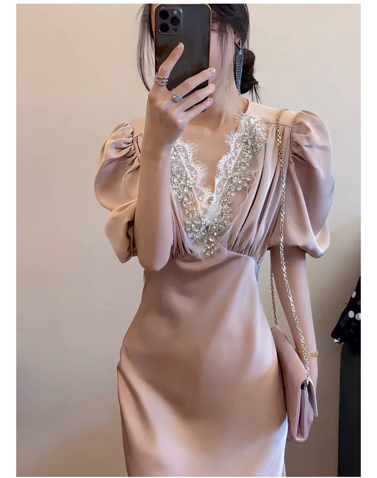 Beaded V-Neck Puff-Sleeve Satin Maxi Dress - garment detail