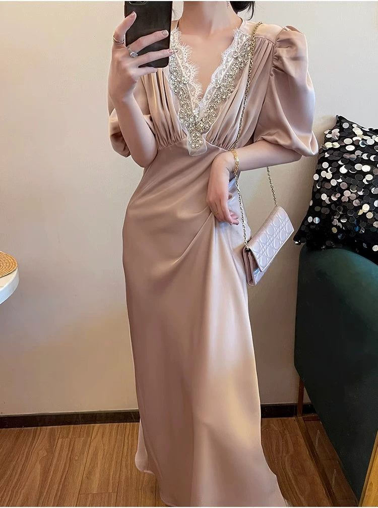 Beaded V-Neck Puff-Sleeve Satin Maxi Dress - garment detail