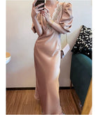 Beaded V-Neck Puff-Sleeve Satin Maxi Dress - garment detail