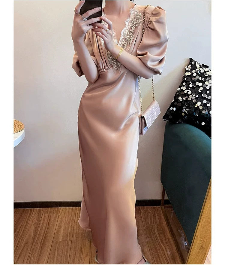 Beaded V-Neck Puff-Sleeve Satin Maxi Dress - garment detail
