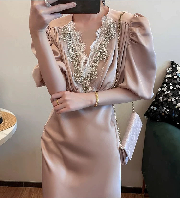 Beaded V-Neck Puff-Sleeve Satin Maxi Dress - garment detail