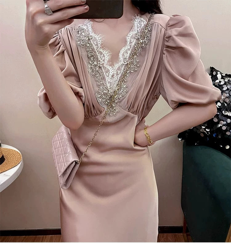 Beaded V-Neck Puff-Sleeve Satin Maxi Dress - garment detail