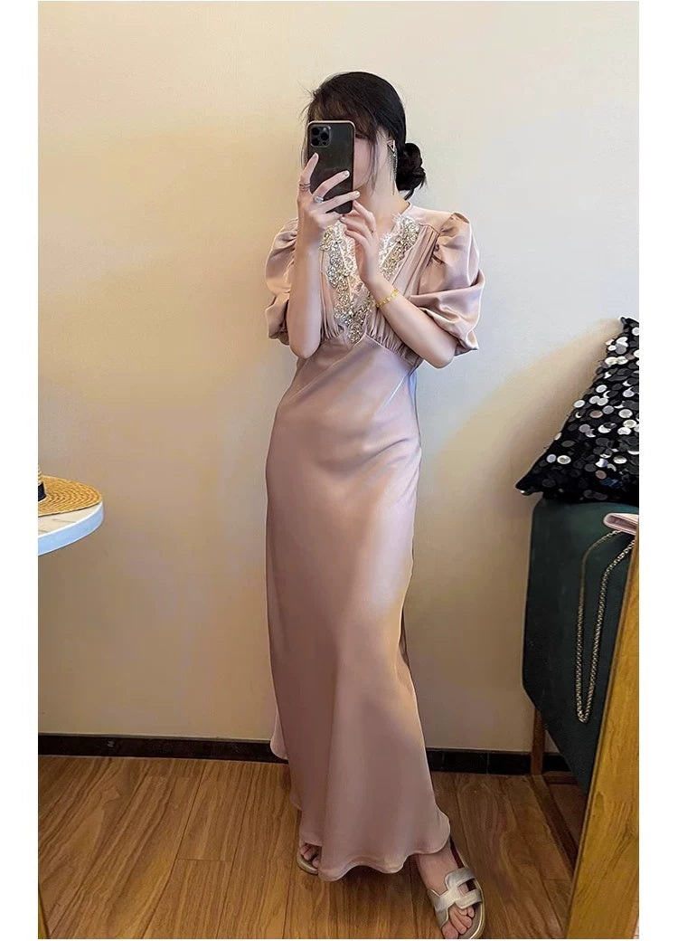 Beaded V-Neck Puff-Sleeve Satin Maxi Dress - garment detail