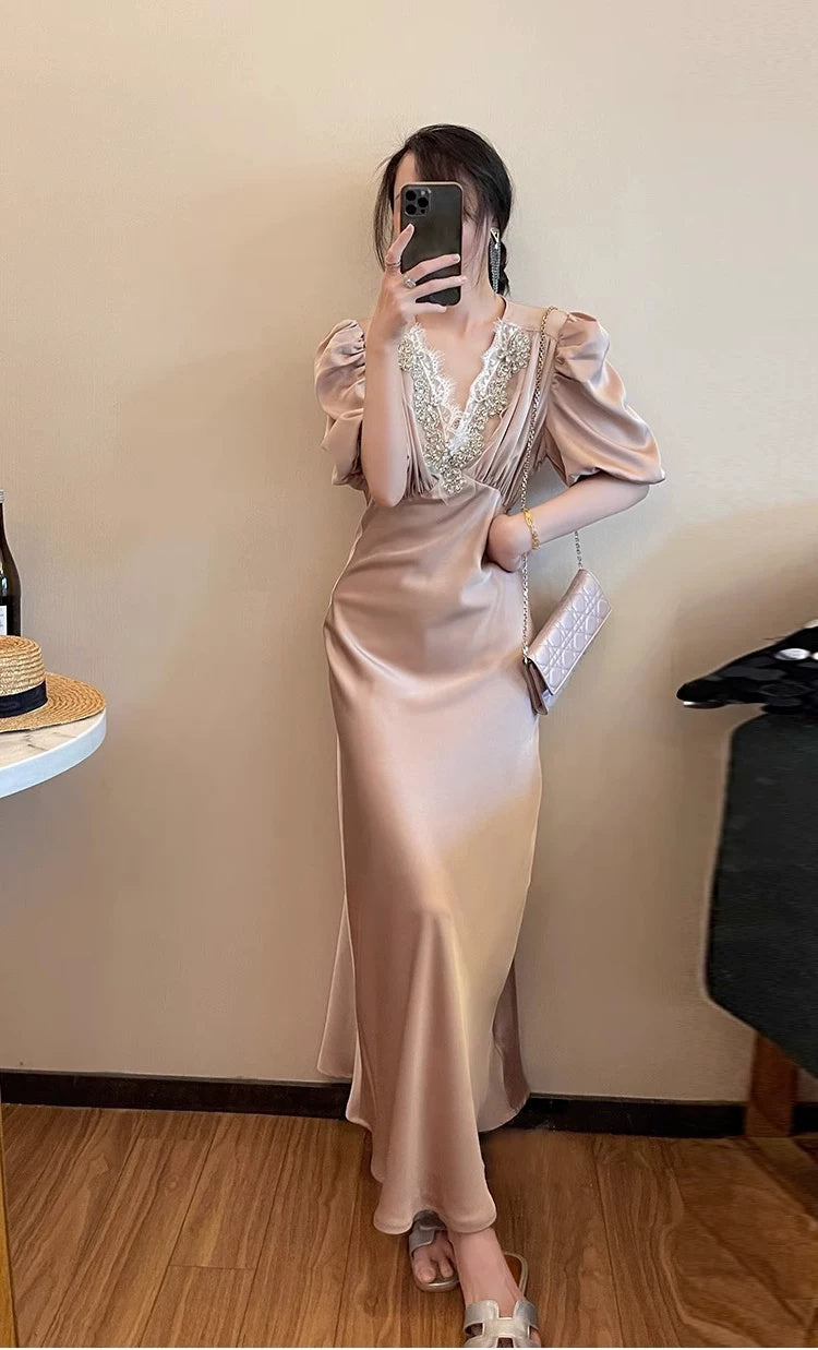 Beaded V-Neck Puff-Sleeve Satin Maxi Dress - garment detail