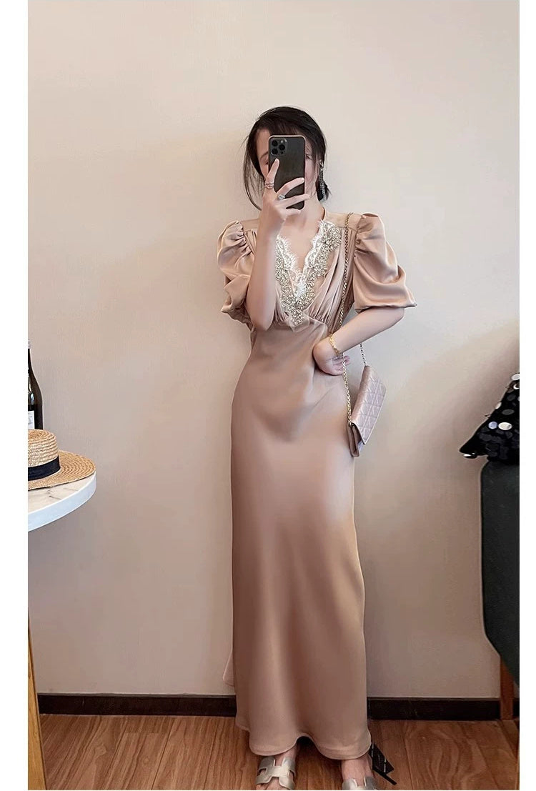 Beaded V-Neck Puff-Sleeve Satin Maxi Dress - garment detail