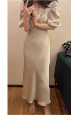 Beaded V-Neck Puff-Sleeve Satin Maxi Dress - garment detail