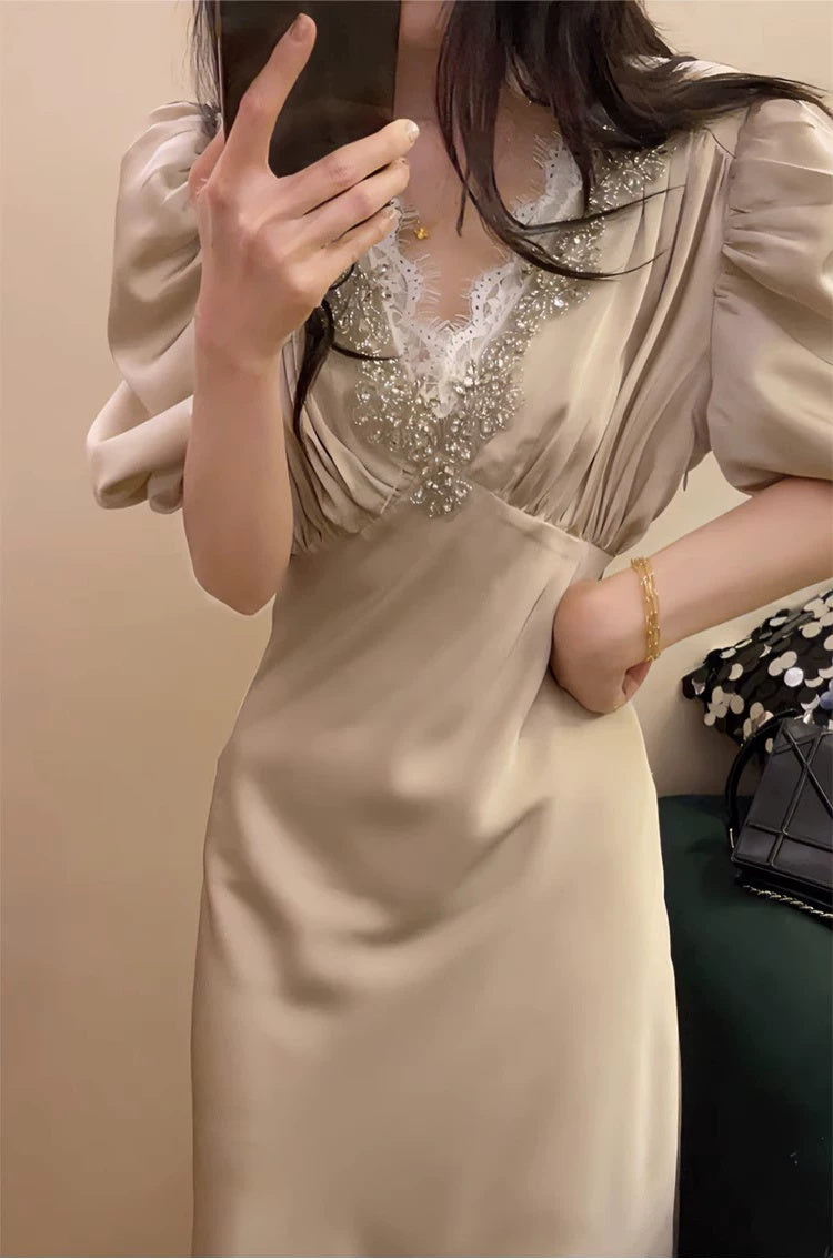 Beaded V-Neck Puff-Sleeve Satin Maxi Dress - garment detail