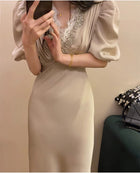 Beaded V-Neck Puff-Sleeve Satin Maxi Dress - garment detail
