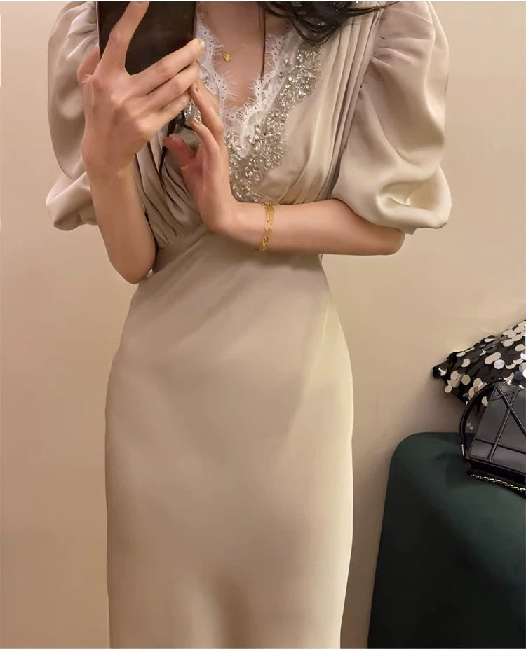 Beaded V-Neck Puff-Sleeve Satin Maxi Dress - garment detail