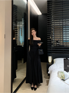 Off-Shoulder Long-Sleeve A-Line Midi Dress - Black