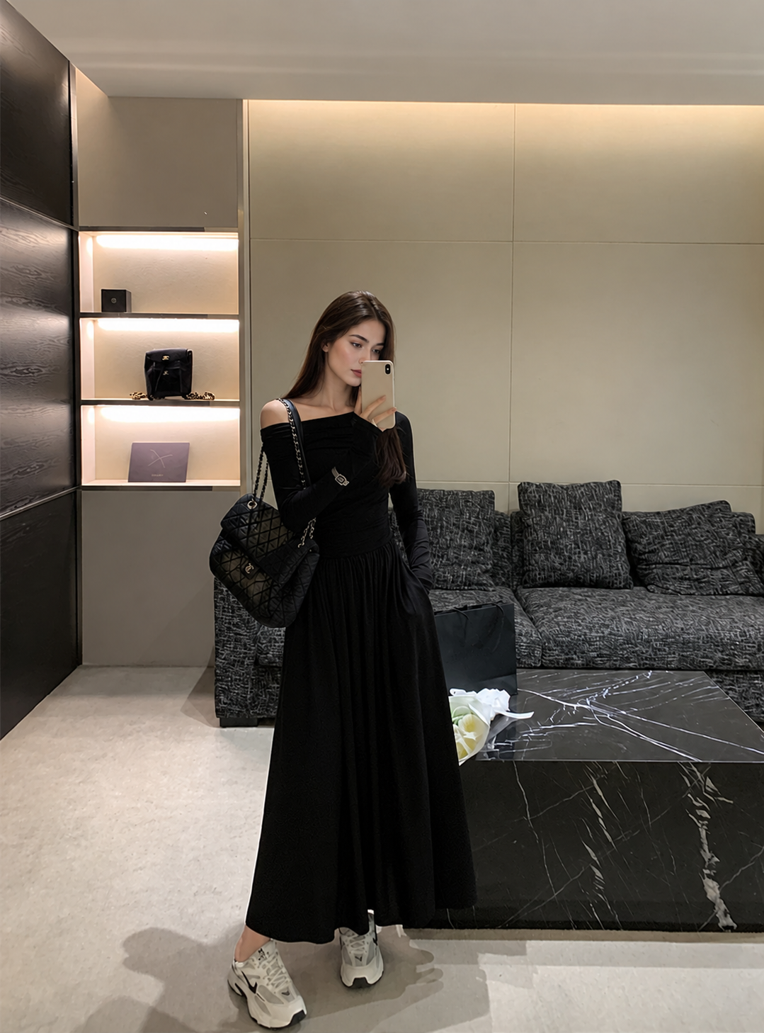 Off-Shoulder Long-Sleeve A-Line Midi Dress - Black