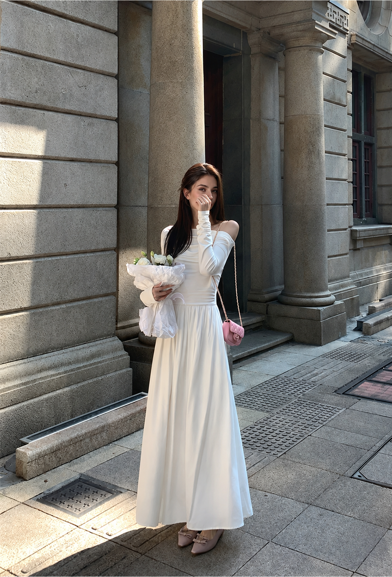 Off-Shoulder Long-Sleeve A-Line Midi Dress - White