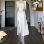 White Square-Neck Satin Slit Maxi Dress - White / Long Sleeves
