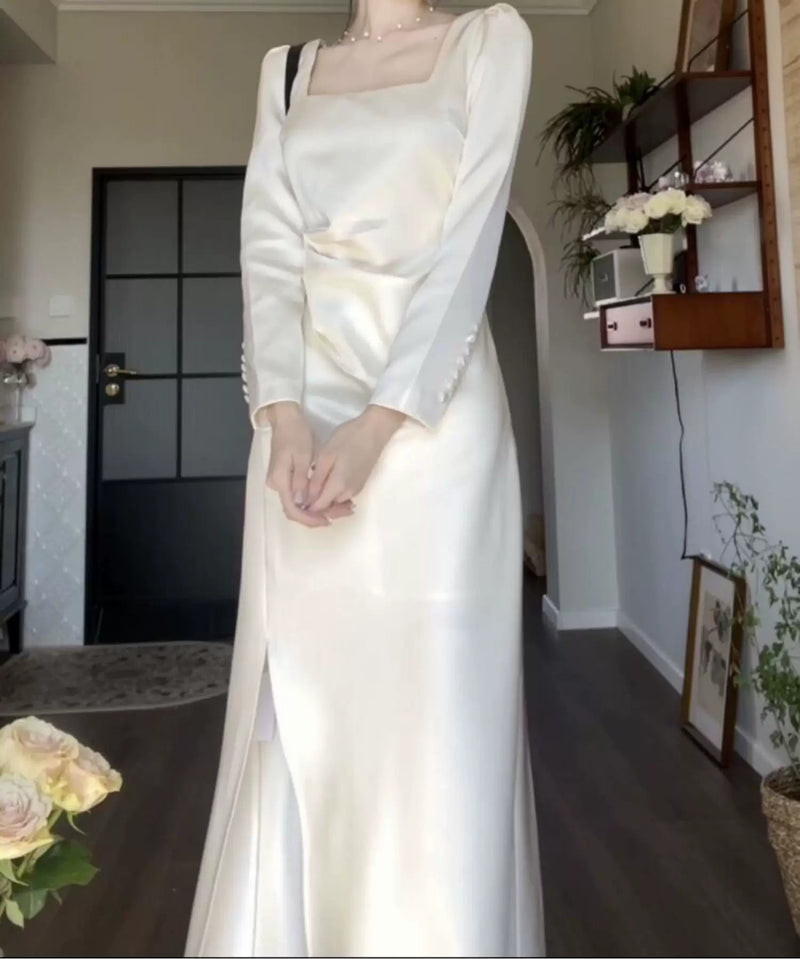 White Square-Neck Satin Slit Maxi Dress - White / Long Sleeves