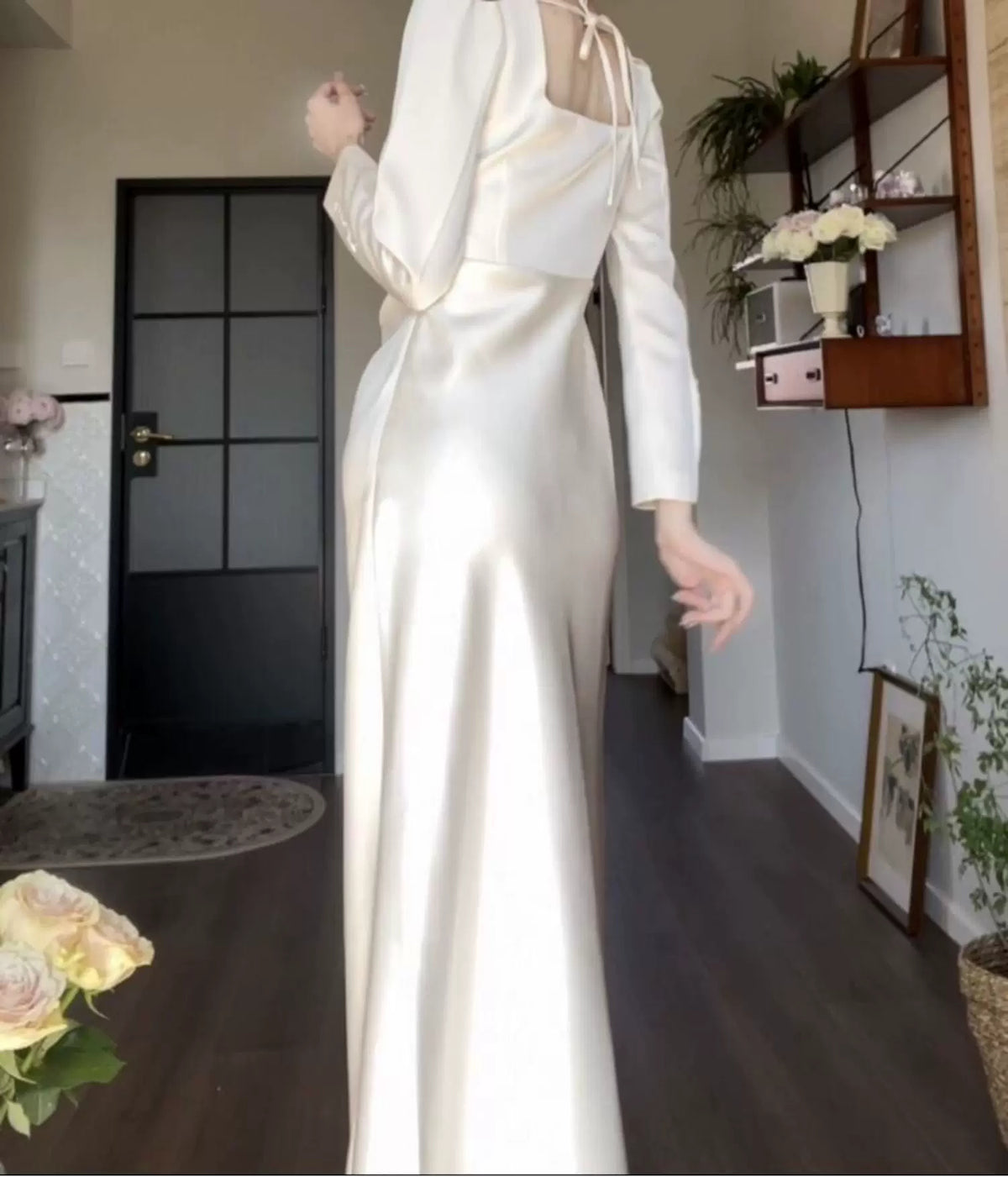 White Square-Neck Satin Slit Maxi Dress - White / Long Sleeves