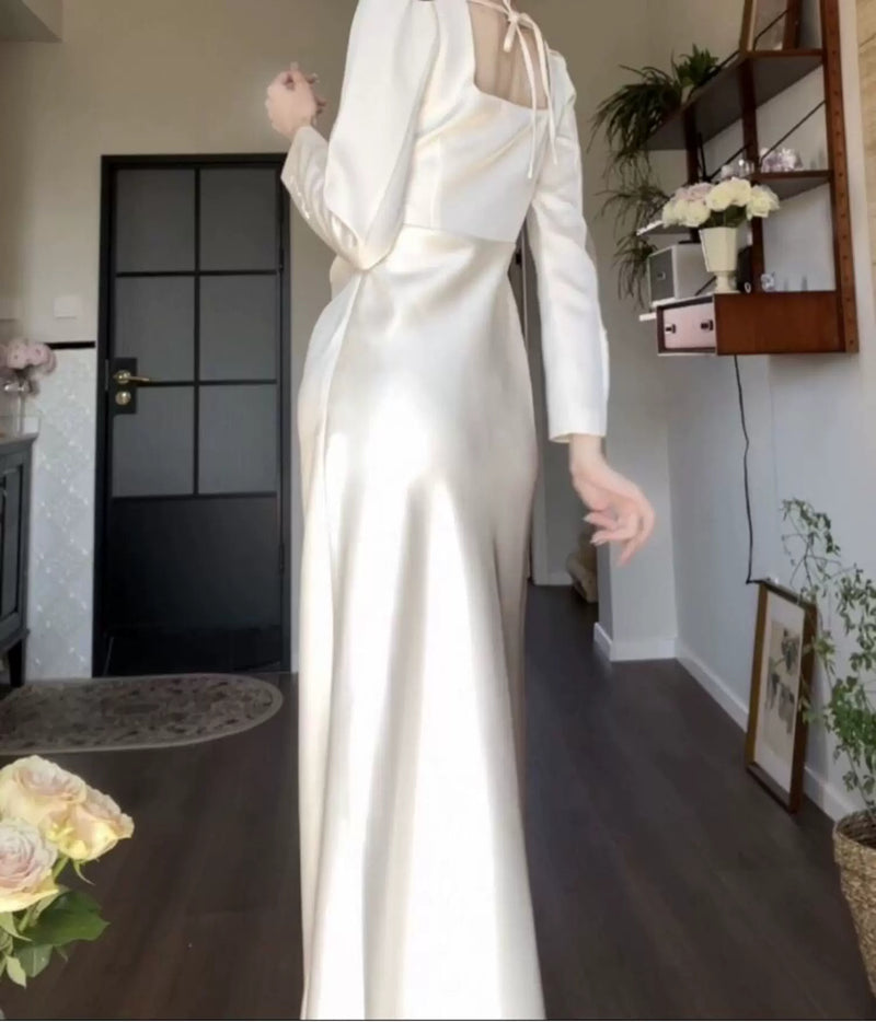 White Square-Neck Satin Slit Maxi Dress - White / Long Sleeves