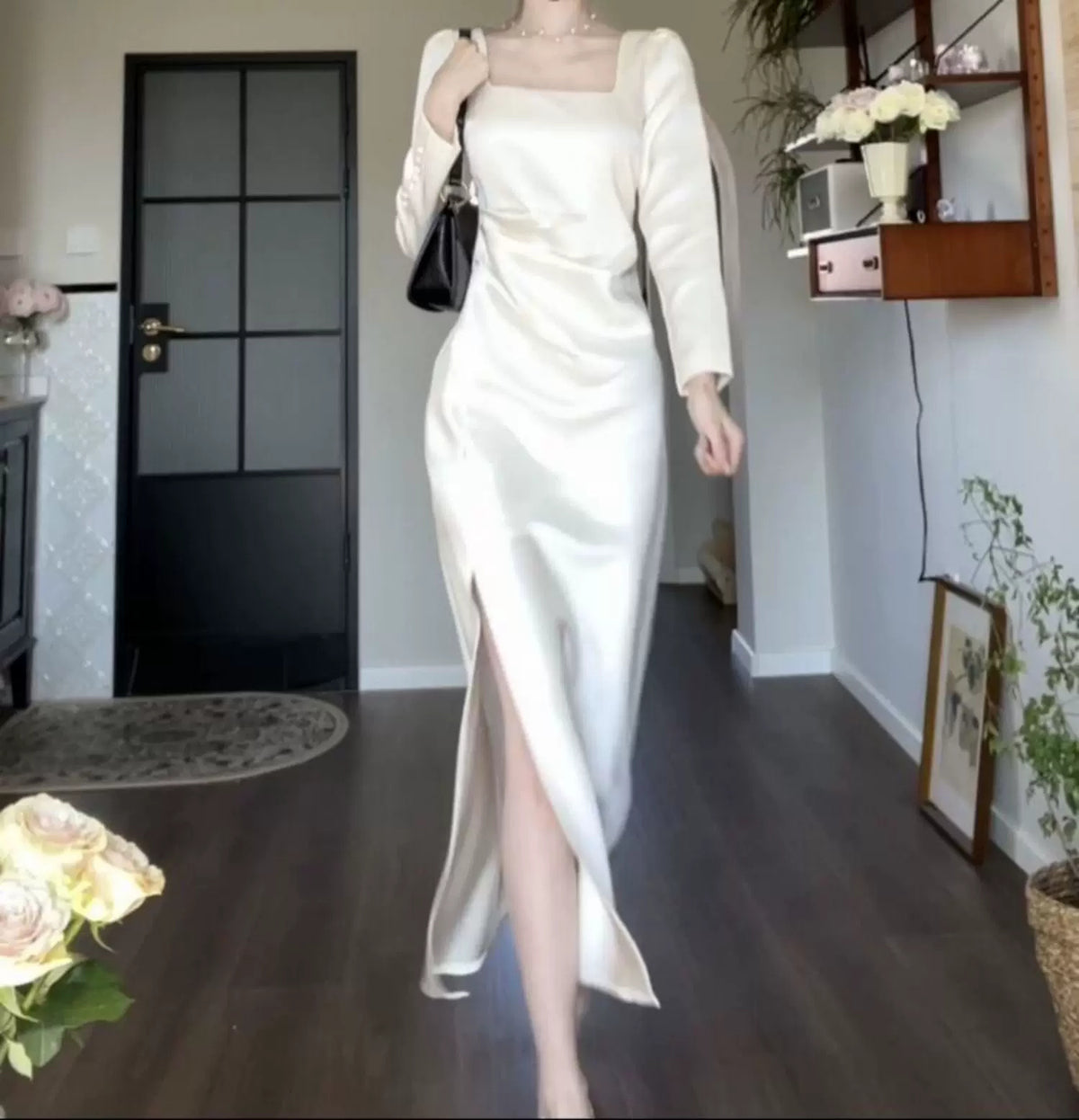 White Square-Neck Satin Slit Maxi Dress - White / Long Sleeves