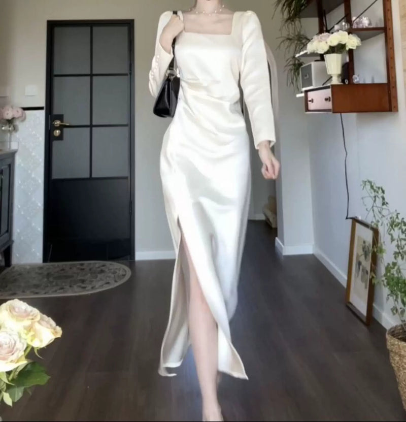 White Square-Neck Satin Slit Maxi Dress - White / Long Sleeves
