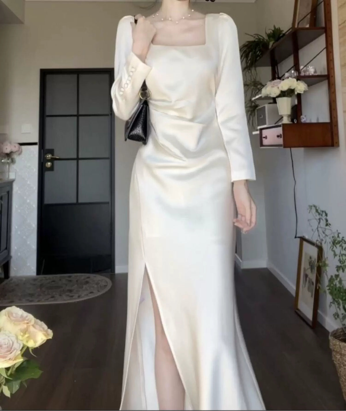 White Square-Neck Satin Slit Maxi Dress - White / Long Sleeves